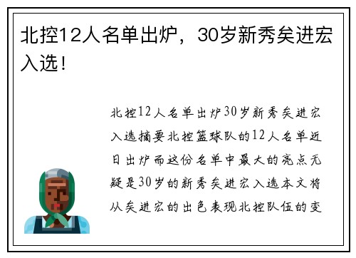 北控12人名单出炉，30岁新秀矣进宏入选！